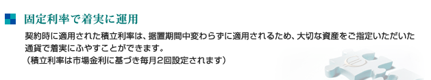 固定利率で着実に運用 契約時に適用された積立利率は、据置期間中変わらずに適用されるため、大切な資産をご指定いただいた通貨で着実にふやすことができます(積立利率は市場金利に基づき毎月2回設定されます)。