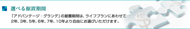 選べる据置期間 「パワーカルテット」の据置期間は、ライフプランにあわせて2年、3年、5年、6年、7年、10年より自由にお選びいただけます。
