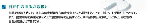 自在性のあるお取扱い 据置期間満了時には、多彩な年金種類から年金受取方法を選択することや一括でのお受取りもできます。また、据置期間を再設定することで据置期間を延長することや年金開始日を繰延べるなど、自在性のあるお取扱いが可能です。